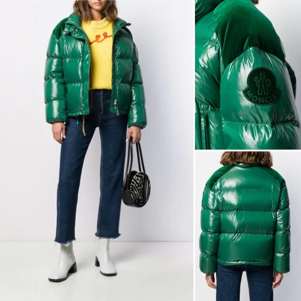 Moncler Green Puffer Jacket Quilted Puffer Coat Velvet panel